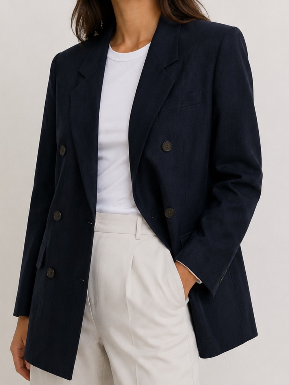 Jones New York Linen Blazer Navy Double Breasted Tailored Jacket Size 6
